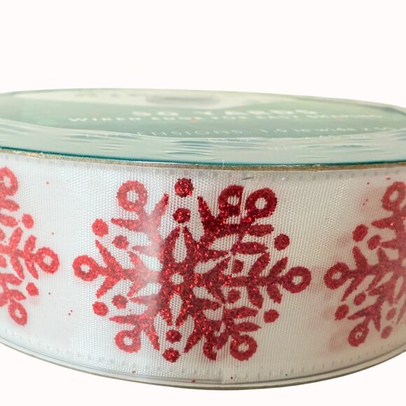 Holiday Red Glitter Snowflake Ribbon Christmas Wired Edge 50 Yards 1.5 Inch Wide - Picture 2 of 6